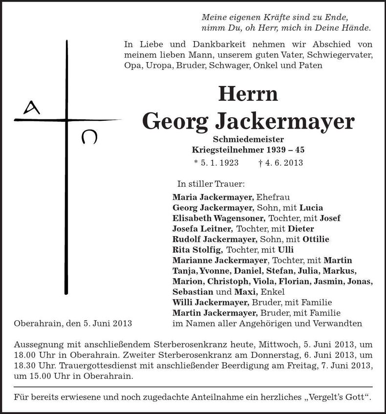 Traueranzeige Georg Jackermayer