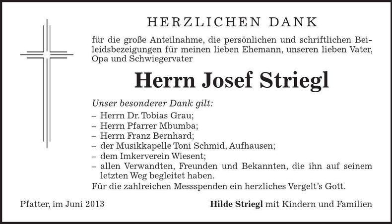 Traueranzeige Josef Striegl