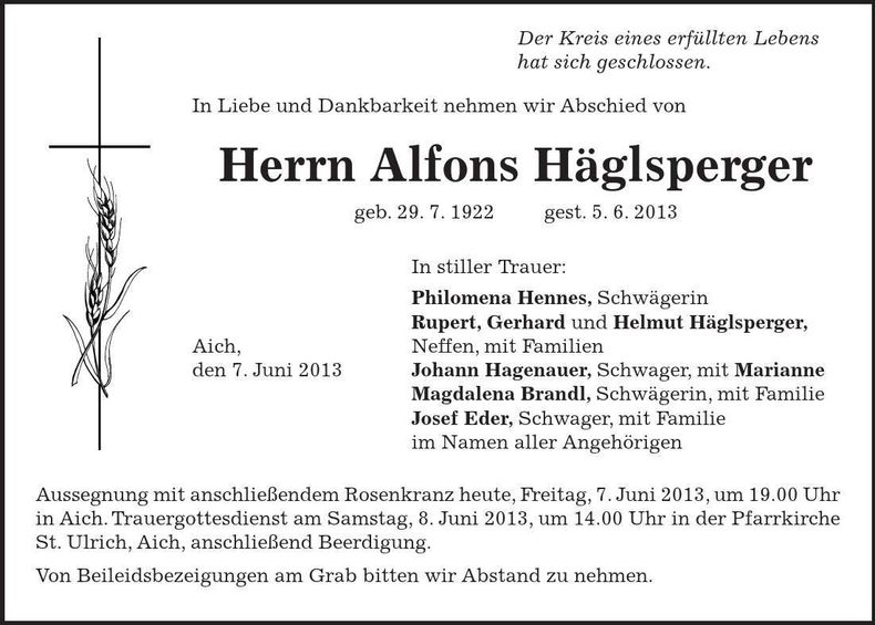 Traueranzeige Alfons Häglsperger