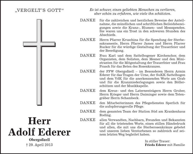 Traueranzeige Adolf Ederer