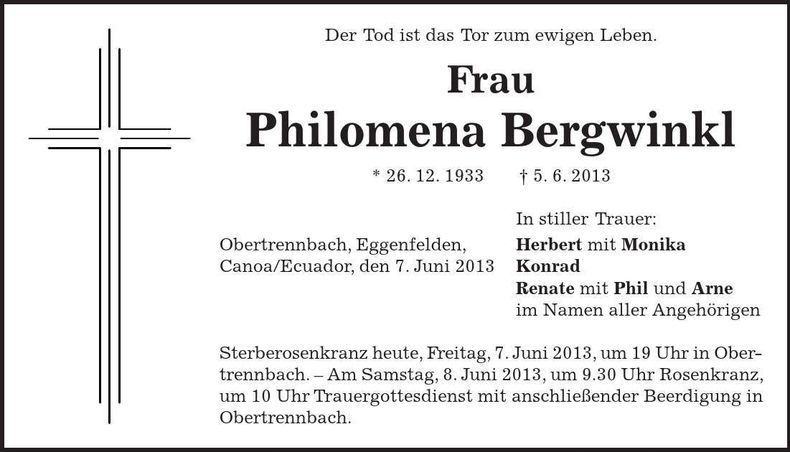 Traueranzeige Philomena Bergwinkl