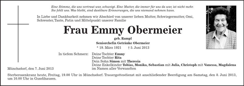 Traueranzeige Emmy Obermeier