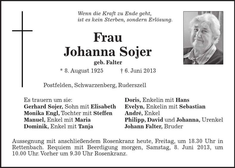 Traueranzeige Johanna Sojer