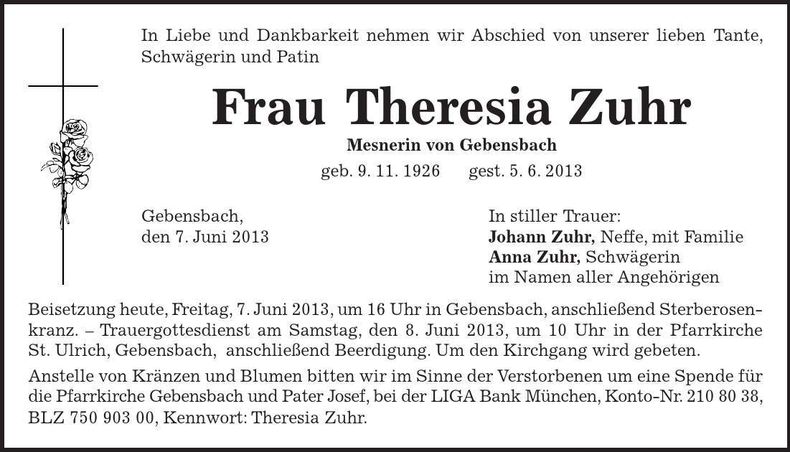 Traueranzeige Theresia Zuhr