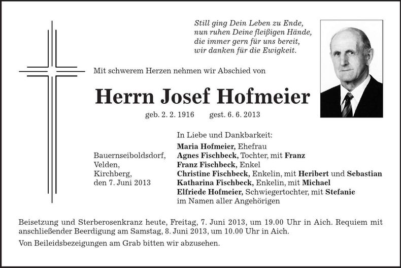 Traueranzeige Josef Hofmeier