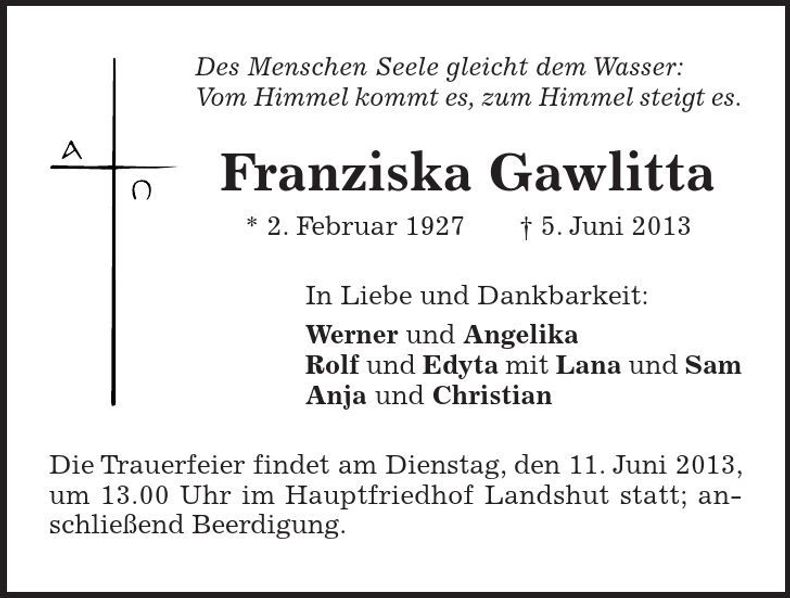 Traueranzeige Franziska Gawlitta