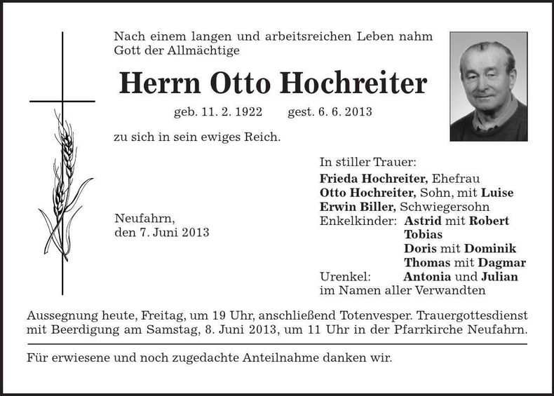 Traueranzeige Otto Hochreiter