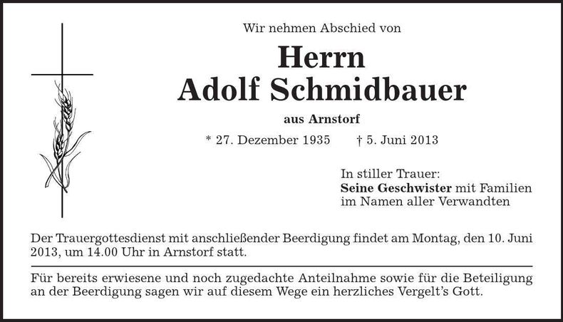 Traueranzeige Adolf Schmidbauer