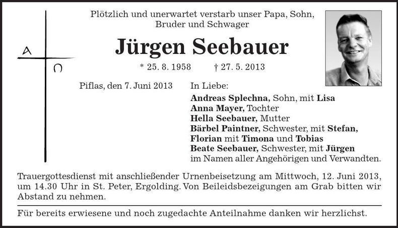 Traueranzeige Jürgen Seebauer