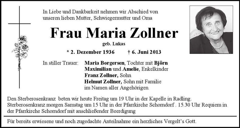 Traueranzeige Maria Zollner