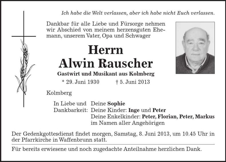 Traueranzeige Alwin Rauscher