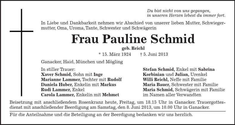 Traueranzeige Pauline Schmid