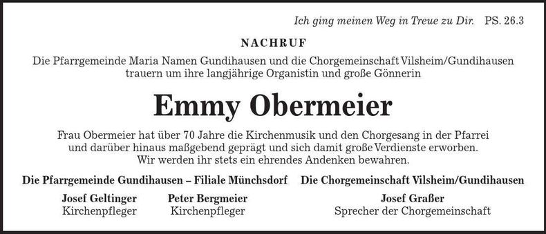 Traueranzeige Emmi Obermeier