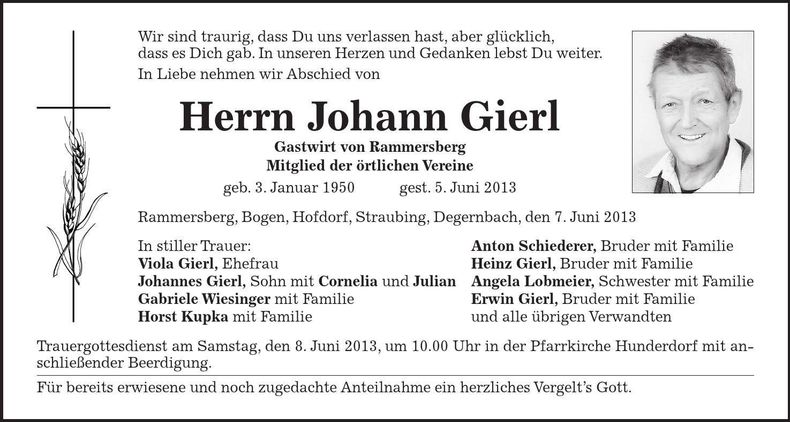 Traueranzeige Johann Gierl