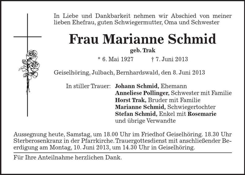 Traueranzeige Marianne Schmid