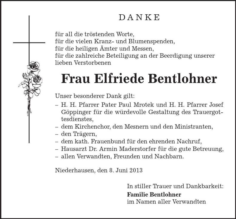 Traueranzeige Elfriede Bentlohner