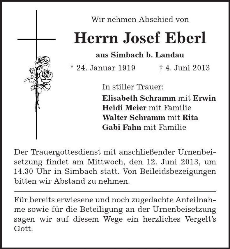 Traueranzeige Josef Eberl