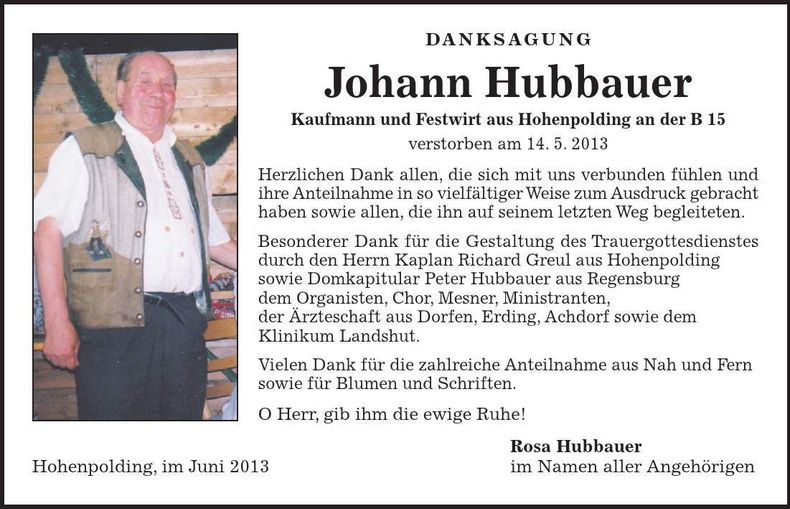 Traueranzeige Johann Hubbauer