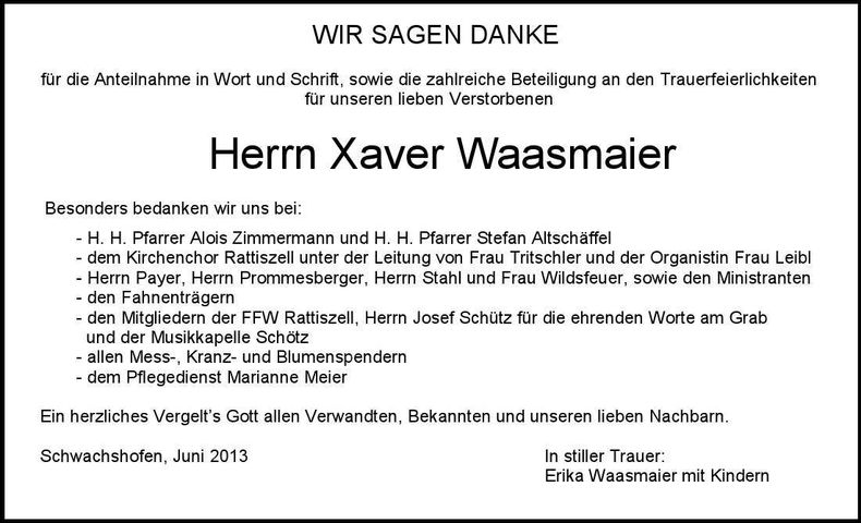 Traueranzeige Xaver Waasmaier