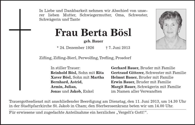 Traueranzeige Berta Bösl