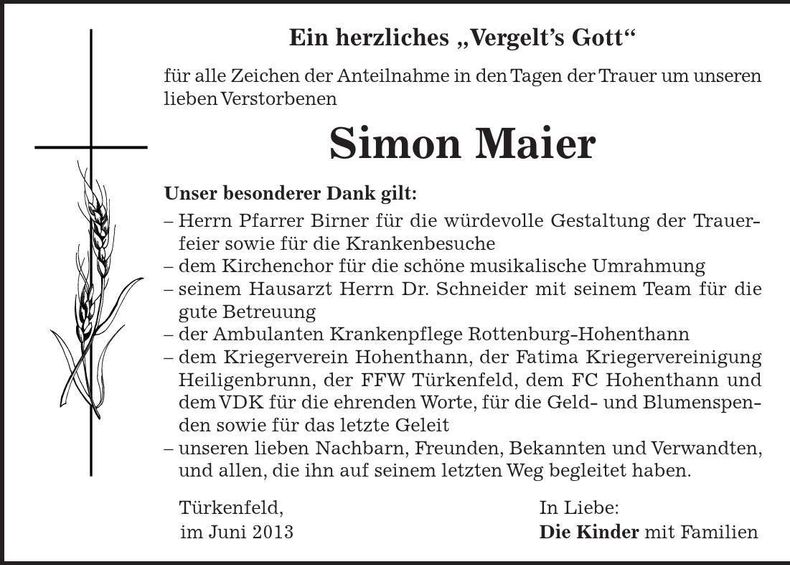 Traueranzeige Simon Maier