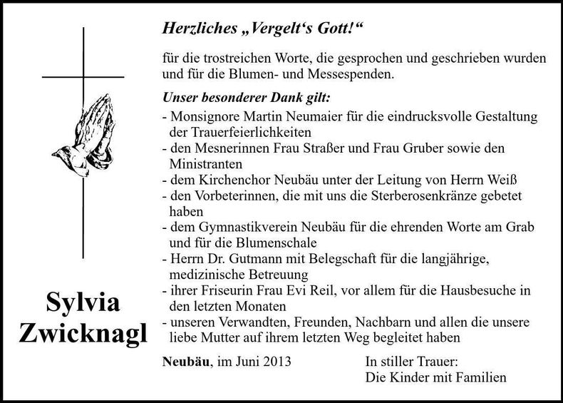 Traueranzeige Sylvia Zwicknagl