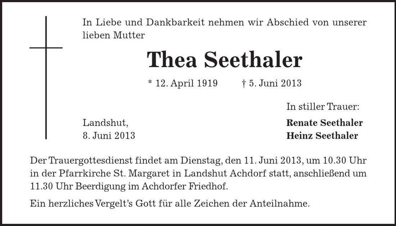 Traueranzeige Thea Seethaler