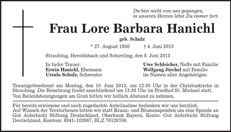 Traueranzeige Lore Barbara Hanichl
