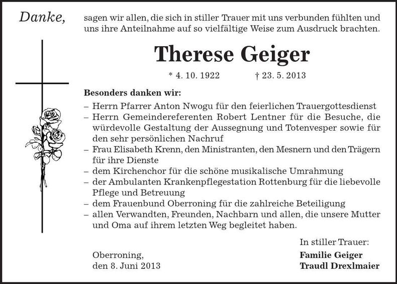 Traueranzeige Therese Geigerq