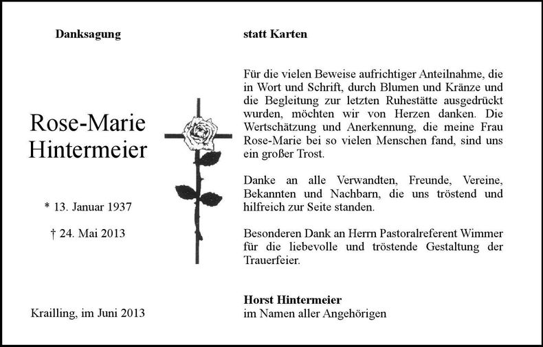 Traueranzeige Rose-Marie Hintermeier