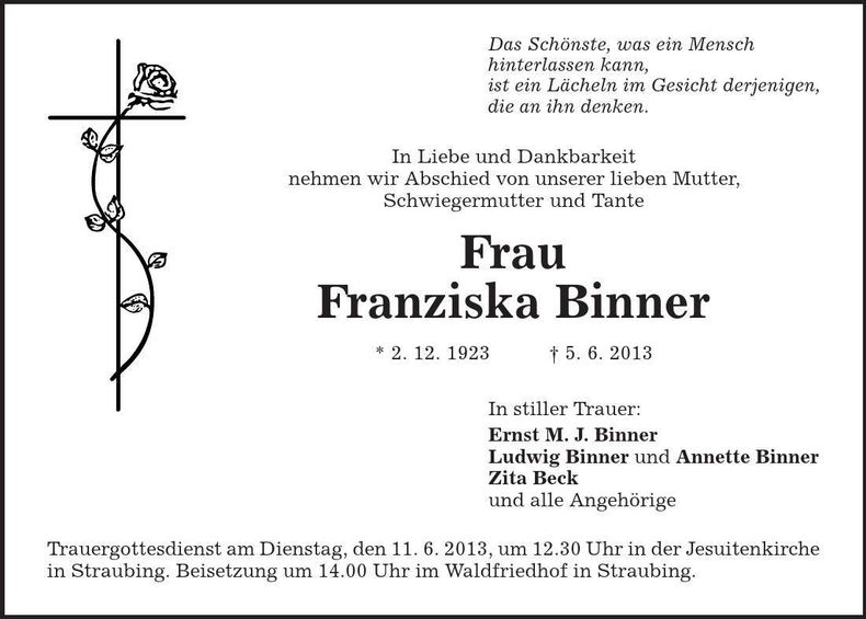 Traueranzeige Franziska Binner