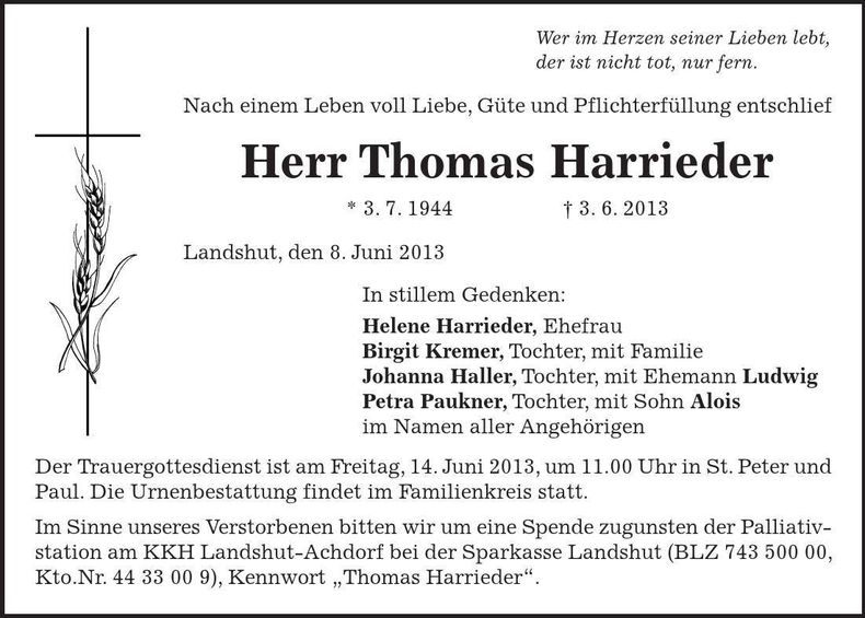 Traueranzeige Thomas Harrieder