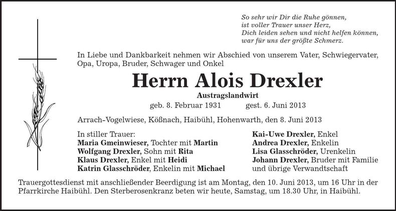 Traueranzeige Alois Drexler