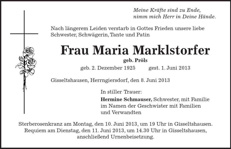 Traueranzeige Maria Marklstorfer