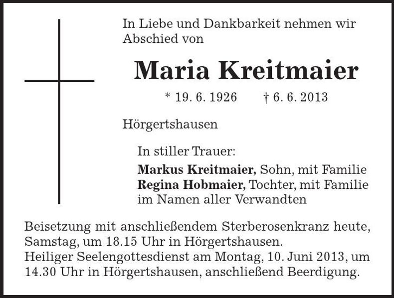Traueranzeige Maria Kreitmaier