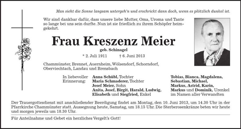 Traueranzeige Kreszenz Meier