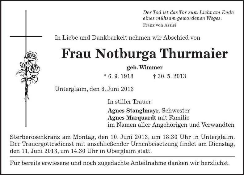 Traueranzeige Notburga Thurmaier