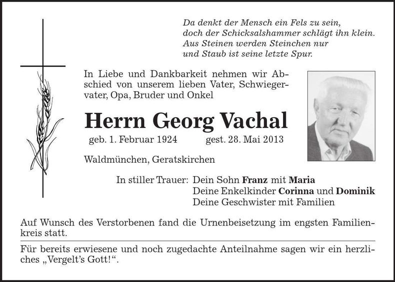 Traueranzeige Georg Vachal
