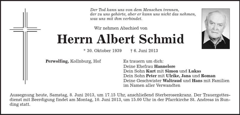 Traueranzeige Albert Schmid