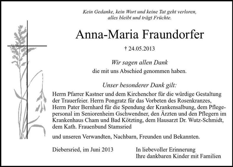 Traueranzeige Anna - Maria Fraundorfer