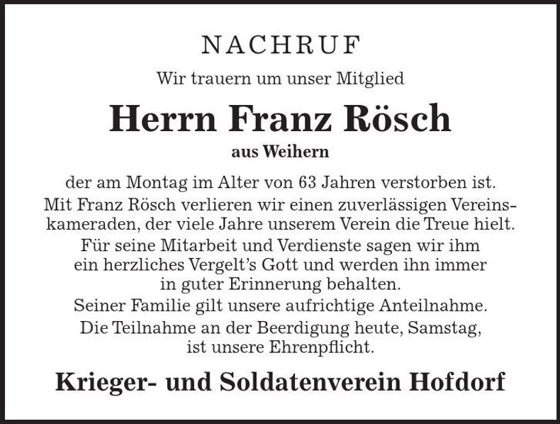 Traueranzeige Franz Rösch