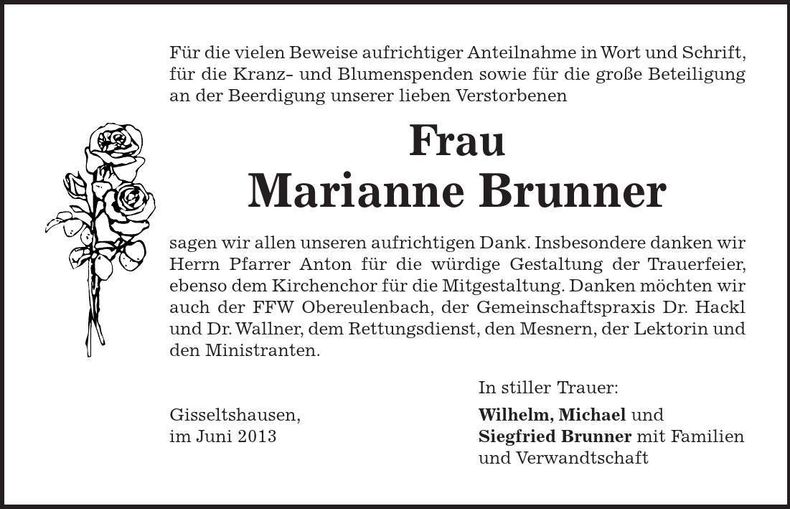 Traueranzeige Marianne Brunner