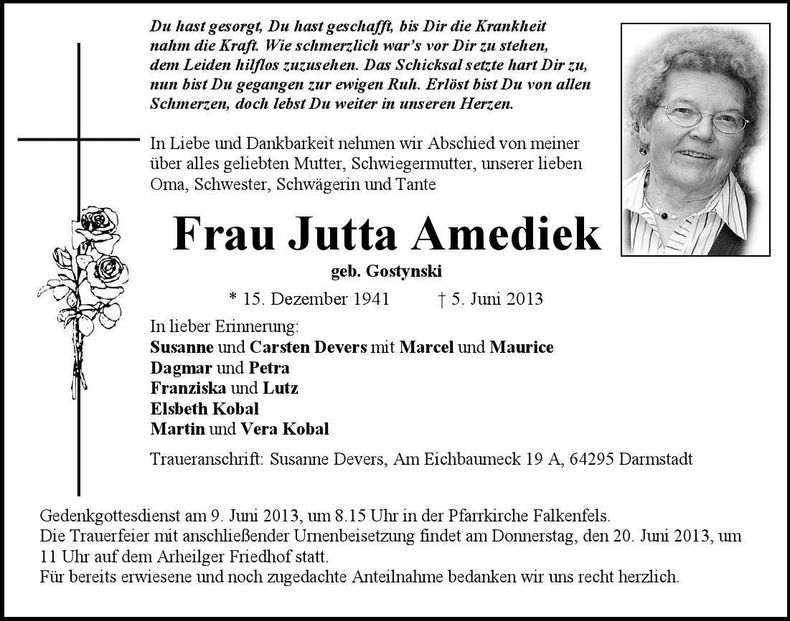 Traueranzeige Jutta Amediek