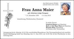 Traueranzeige Anna Maier
