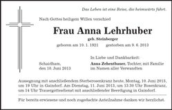 Traueranzeige Anna Lehrhuber