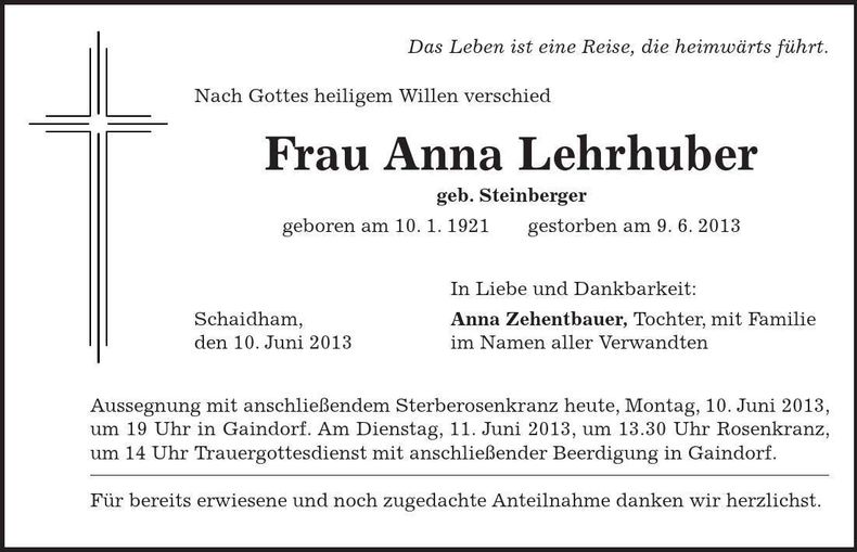 Traueranzeige Anna Lehrhuber