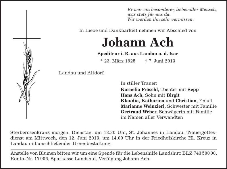 Traueranzeige Johann Ach