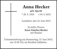 Traueranzeige Anna Hecker