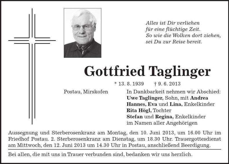 Traueranzeige Gottfried Taglinger