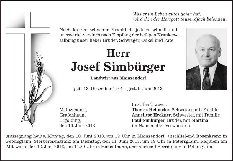 Traueranzeige Josef Simbürger